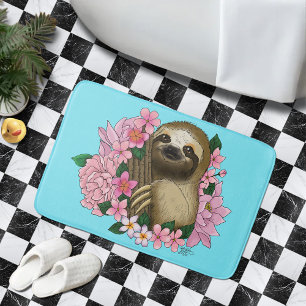 Serene Pink Lighthearted Sloth Floral Bath Mat