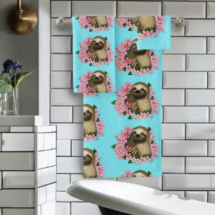 Serene Pink Lighthearted Sloth Floral Bath Towel Set