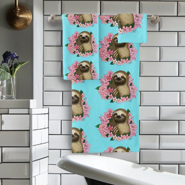 Serene Pink Lighthearted Sloth Floral Bath Towel Set (Creator Uploaded)