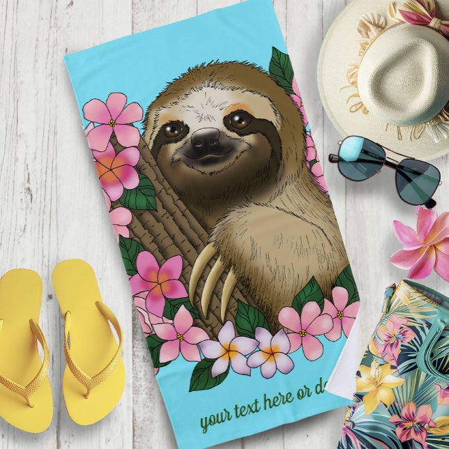 Serene Pink Lighthearted Sloth Floral Beach Towel (Creator Uploaded)