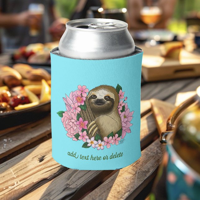 Serene Pink Lighthearted Sloth Floral Can Cooler (Creator Uploaded)