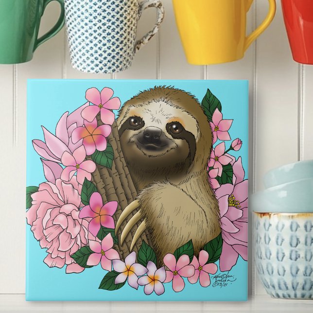 Serene Pink Lighthearted Sloth Floral Ceramic Tile (Creator Uploaded)
