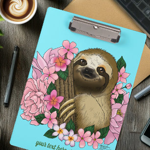 Serene Pink Lighthearted Sloth Floral Clipboard