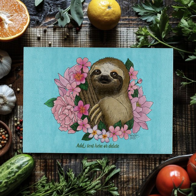 Serene Pink Lighthearted Sloth Floral Cutting Board (Creator Uploaded)