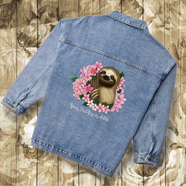 Serene Pink Lighthearted Sloth Floral Denim Jacket (Creator Uploaded)