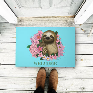 Serene Pink Lighthearted Sloth Floral Doormat