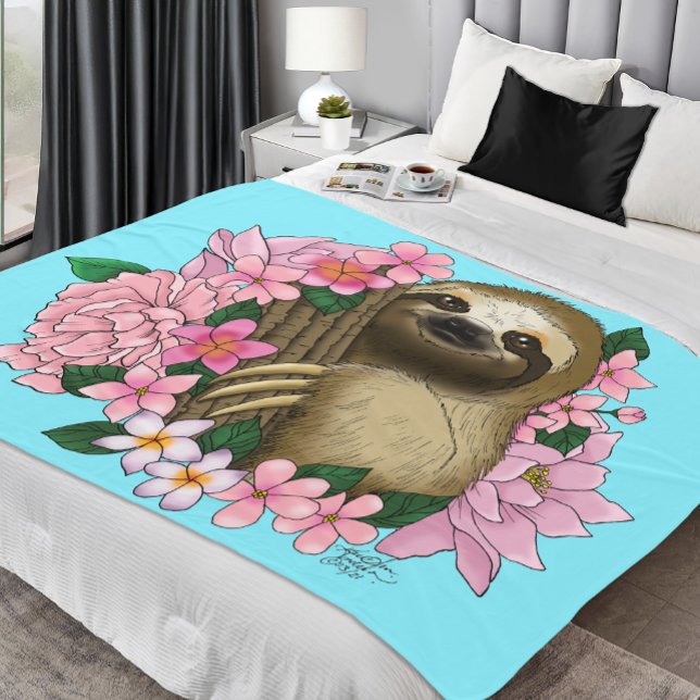 Serene Pink Lighthearted Sloth Floral Fleece Blanket (Creator Uploaded)