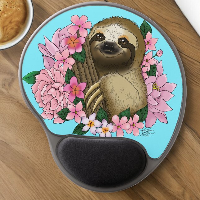 Serene Pink Lighthearted Sloth Floral Gel Mouse Pad (Creator Uploaded)
