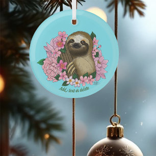 Serene Pink Lighthearted Sloth Floral Glass Ornament