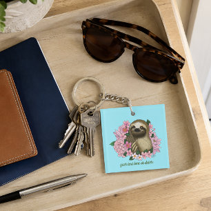 Serene Pink Lighthearted Sloth Floral Keychain