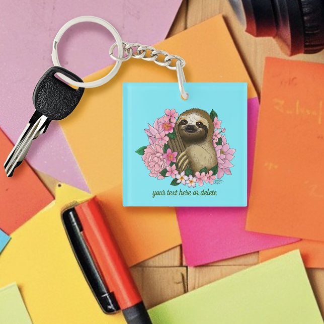 Serene Pink Lighthearted Sloth Floral Keychain (Creator Uploaded)