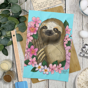 Serene Pink Lighthearted Sloth Floral Kitchen Towel