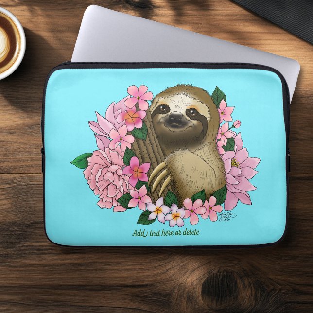 Serene Pink Lighthearted Sloth Floral Laptop Sleeve (Creator Uploaded)