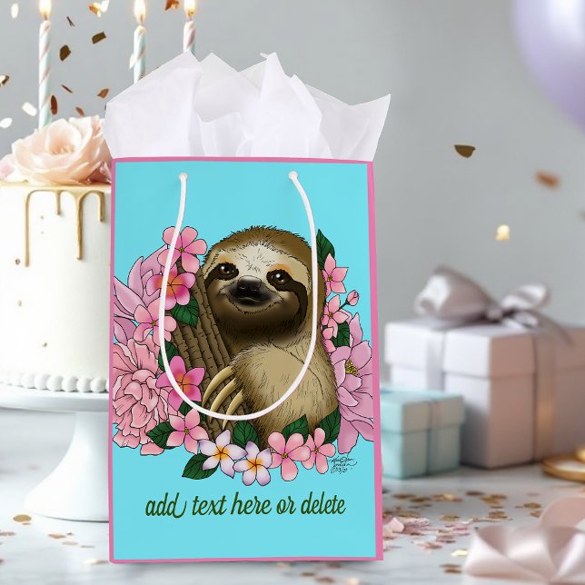 Serene Pink Lighthearted Sloth Floral Medium Gift Bag (Creator Uploaded)