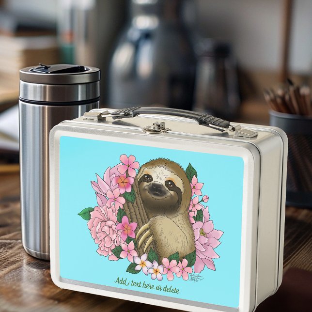 Serene Pink Lighthearted Sloth Floral Metal Lunch Box (Creator Uploaded)