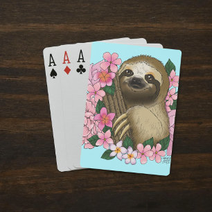 Serene Pink Lighthearted Sloth Floral Poker Cards