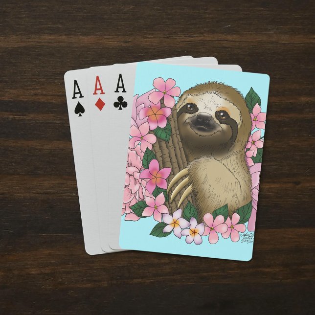 Serene Pink Lighthearted Sloth Floral Poker Cards (Creator Uploaded)