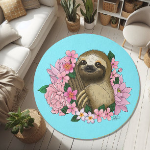 Serene Pink Lighthearted Sloth Floral Rug