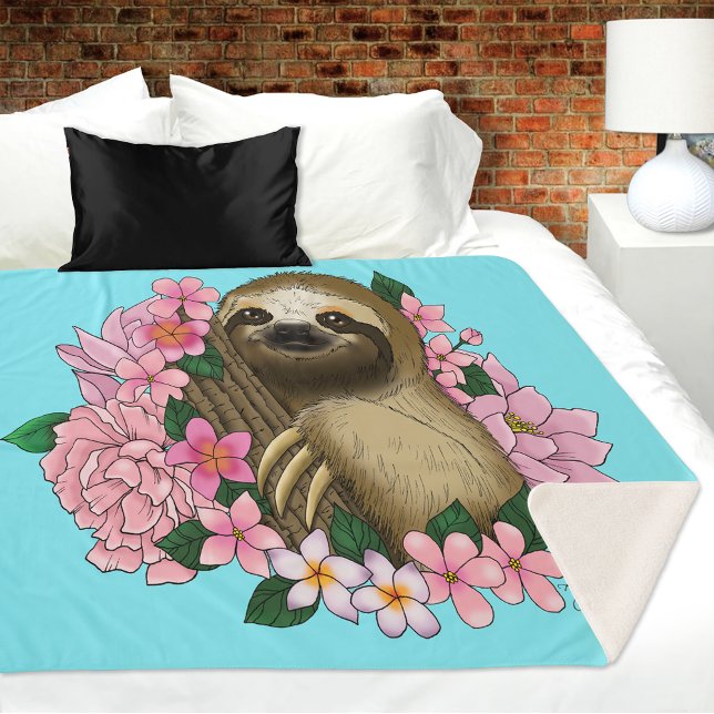 Serene Pink Lighthearted Sloth Floral Sherpa Blanket (Creator Uploaded)