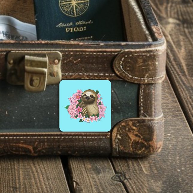 Serene Pink Lighthearted Sloth Floral Square Sticker (Creator Uploaded)