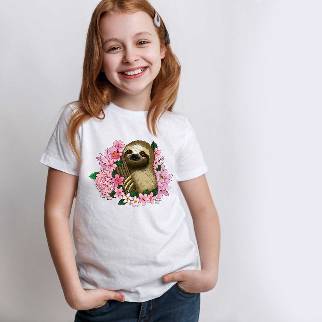 Serene Pink Lighthearted Sloth Floral T-Shirt (Creator Uploaded)