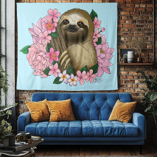 Serene Pink Lighthearted Sloth Floral Tapestry