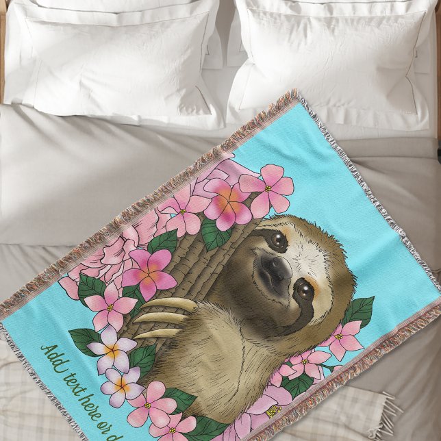 Serene Pink Lighthearted Sloth Floral Throw Blanket (Creator Uploaded)