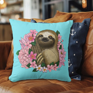 Serene Pink Lighthearted Sloth Floral Throw Pillow