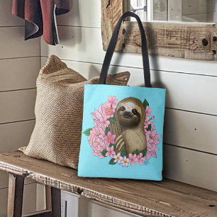Serene Pink Lighthearted Sloth Floral Tote Bag