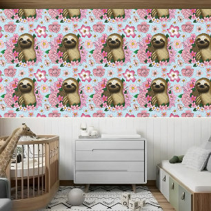 Serene Pink Lighthearted Sloth Floral Wallpaper