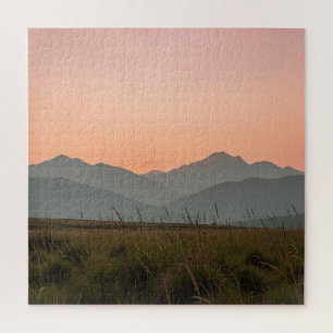 Serene Pink Sunset Mountains Wild Grass Landscape Jigsaw Puzzle