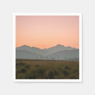 Serene Pink Sunset Mountains Wild Grass Landscape Napkins