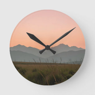 Serene Pink Sunset Mountains Wild Grass Landscape Round Clock