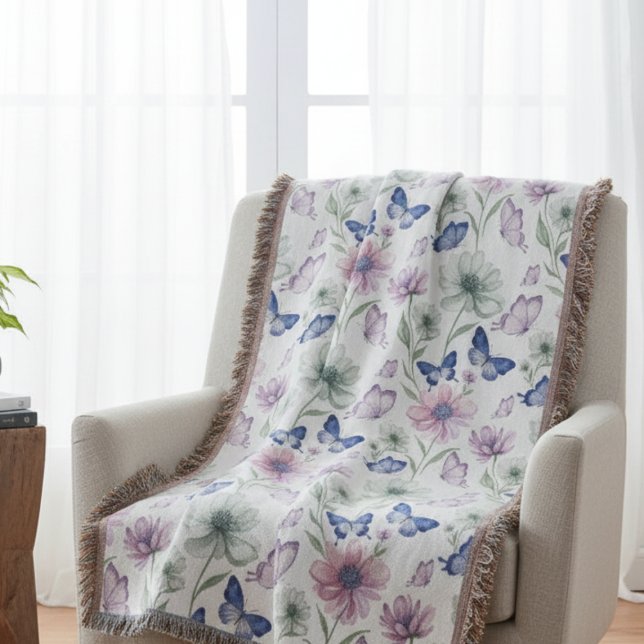 Serene Purple Butterfly Mindfulness Garden Throw Blanket (Butterfly floral throw blanket)