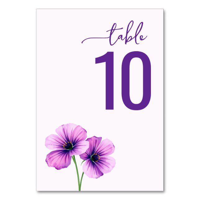 Serene Purple Floral Wedding Table Card (Front)