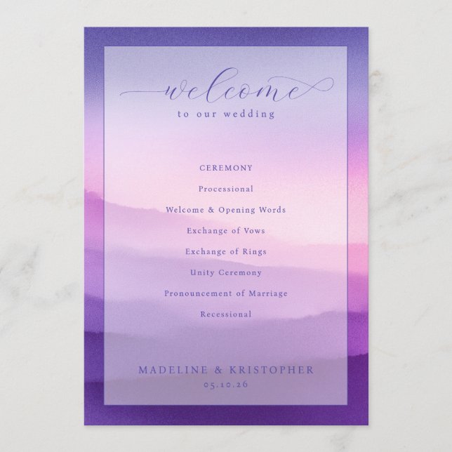 Serene Purple Wedding Ceremony Program (Front)