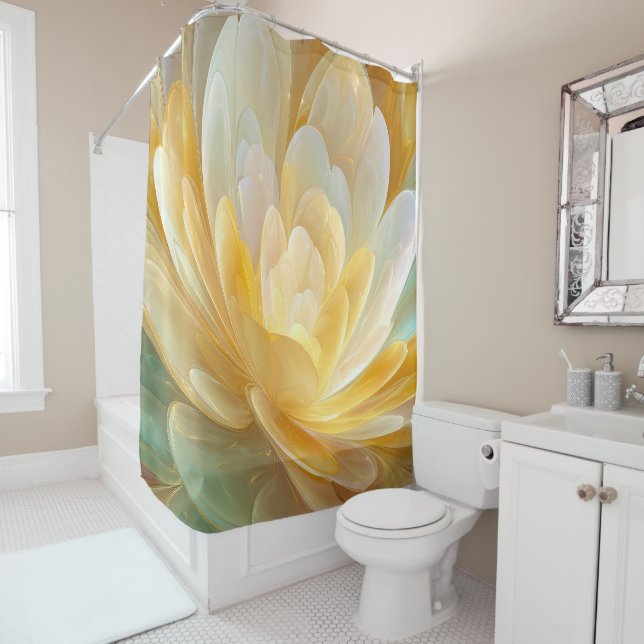 Serene Radiance of Golden and Aqua Petal Layers Shower Curtain (In Situ)