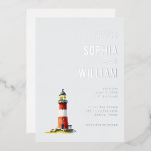 Serene Red Watercolor Lighthouse Foil Invitation