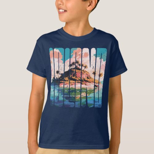 Serene Reflections Retro Island Illustration T_Shirt
