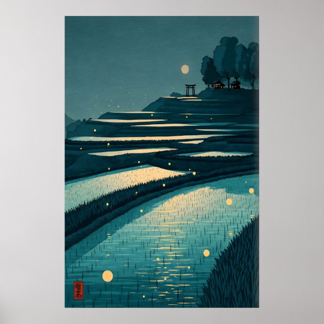Serene Rice Field Poster, Moonlit Terraces, Torii Poster (Front)