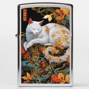 Serene Rinpa Cat on Golden Waves Zippo Lighter