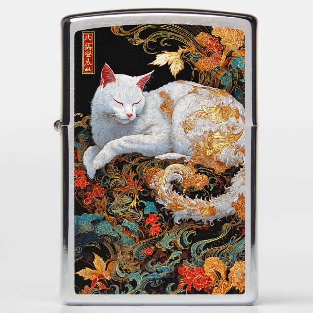 Serene Rinpa Cat on Golden Waves Zippo Lighter (Front)