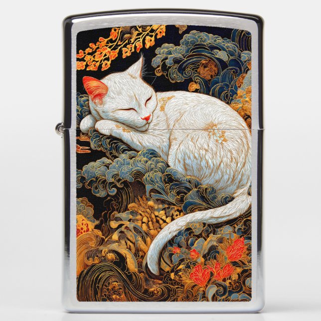 Serene Rinpa Cat on Golden Waves Zippo Lighter (Front)