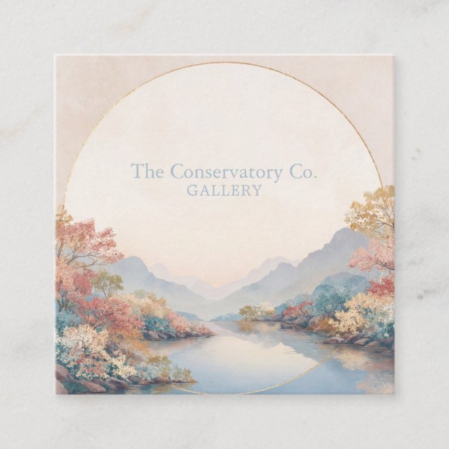 Serene River Landscape Gold Circle Autumnal Floral Square Business Card (Front)