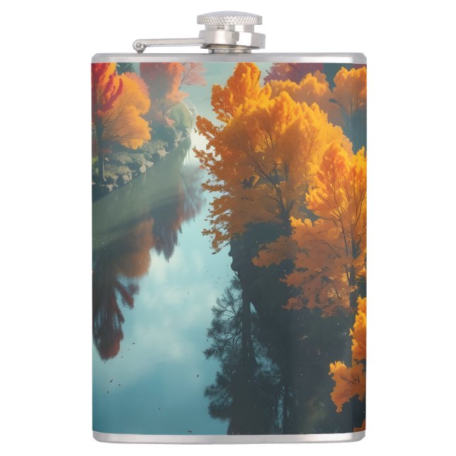 Serene River Shore Reflection Nature Art  Flask (Front)