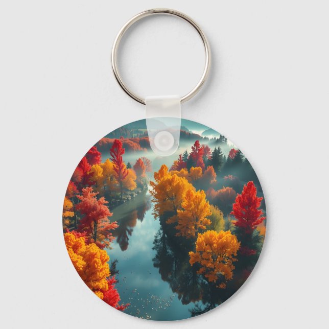 Serene River Shore Reflection Nature Art Keychain (Front)