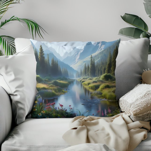 Serene River Valley Throw Pillow (Creator Uploaded)