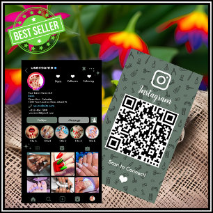 Serene Sage Green Nail Salon Instagram QR Business Card