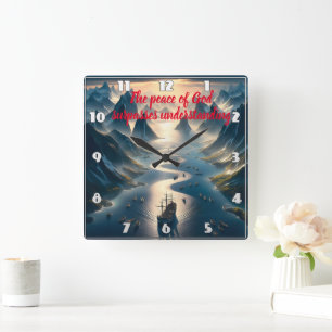 Serene Sail: Boat, Water, Mountains Square Wall Clock