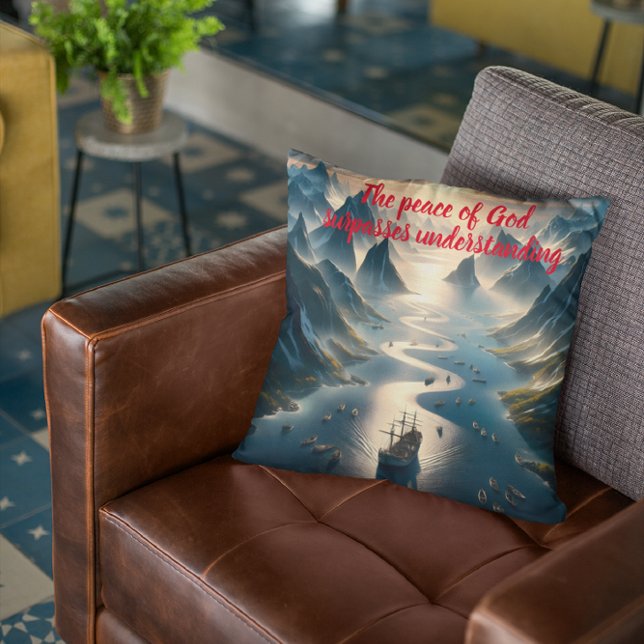 Serene Sail: Boat, Water, Mountains Throw Pillow (Creator Uploaded)
